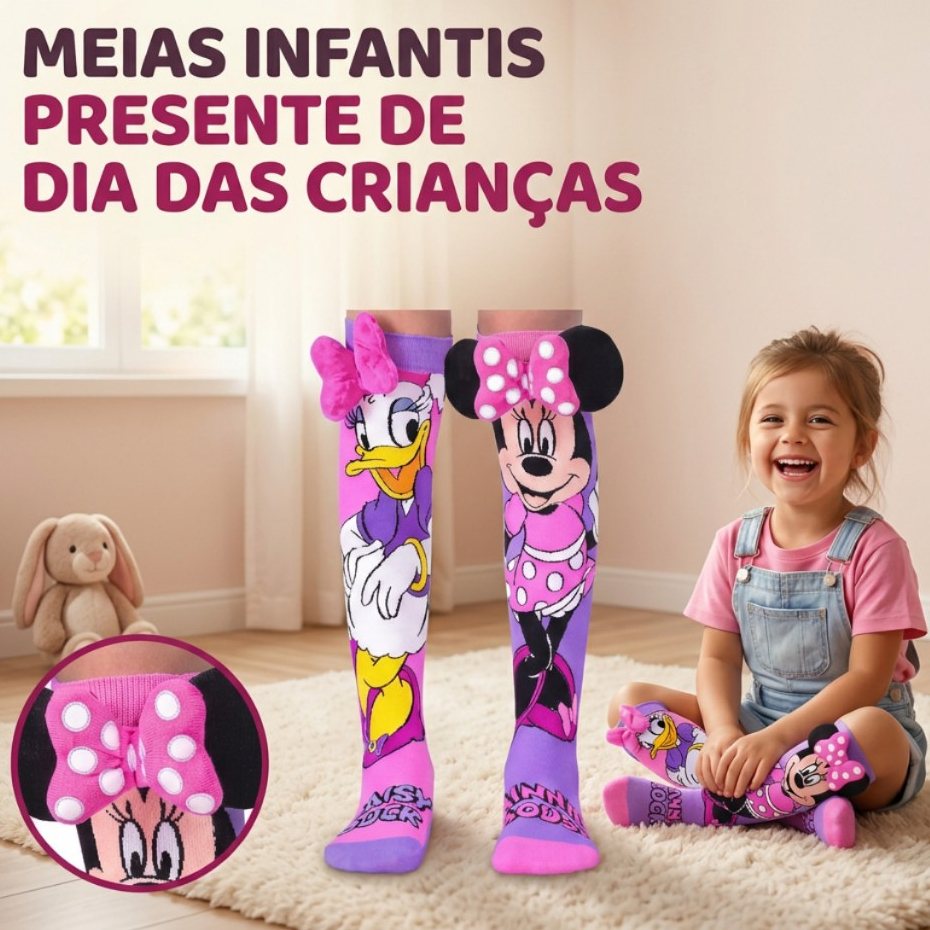 Meia 3D Minnie Mouse Cano Alto Infantil Laço Orelhas Pelúcia Presente Dia das Crianças