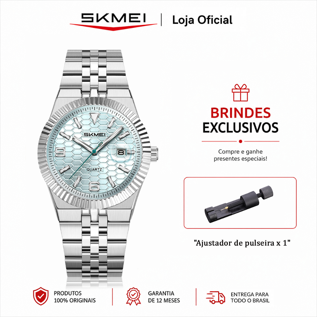 SKMEI Relógio Masculino Analógico Quartz Aço Inoxidável Calendário Resistente à Água 30m