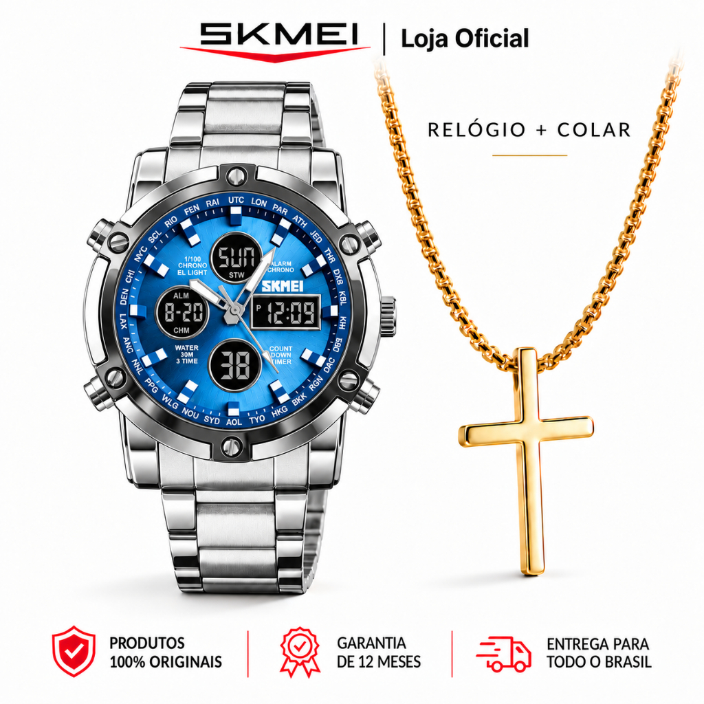SKMEI 1389 Relógio Masculino Analógico Digital Esportivo Pulseira de Aço Inoxidável com Data à Prova de Respingos