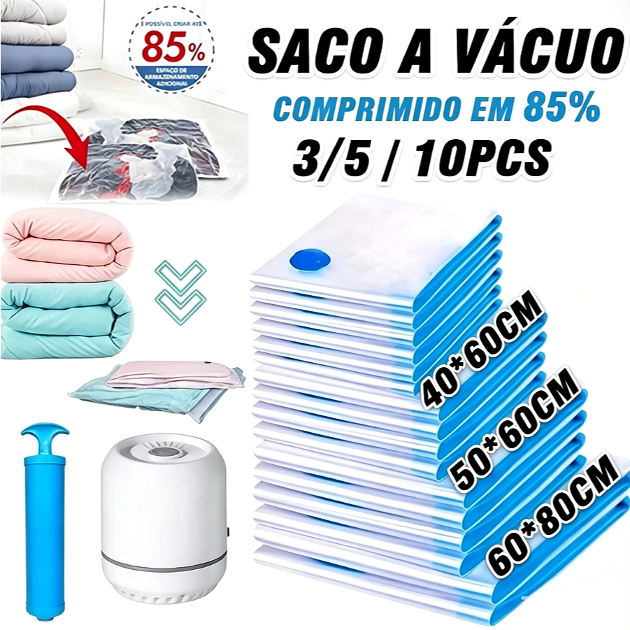 KIT 3/5/10 Saco a Vácuo + Bomba Manual 40*60cm/50*60cm/60*80cm Organização de Roupas Mala Viagem Guarda Roupas