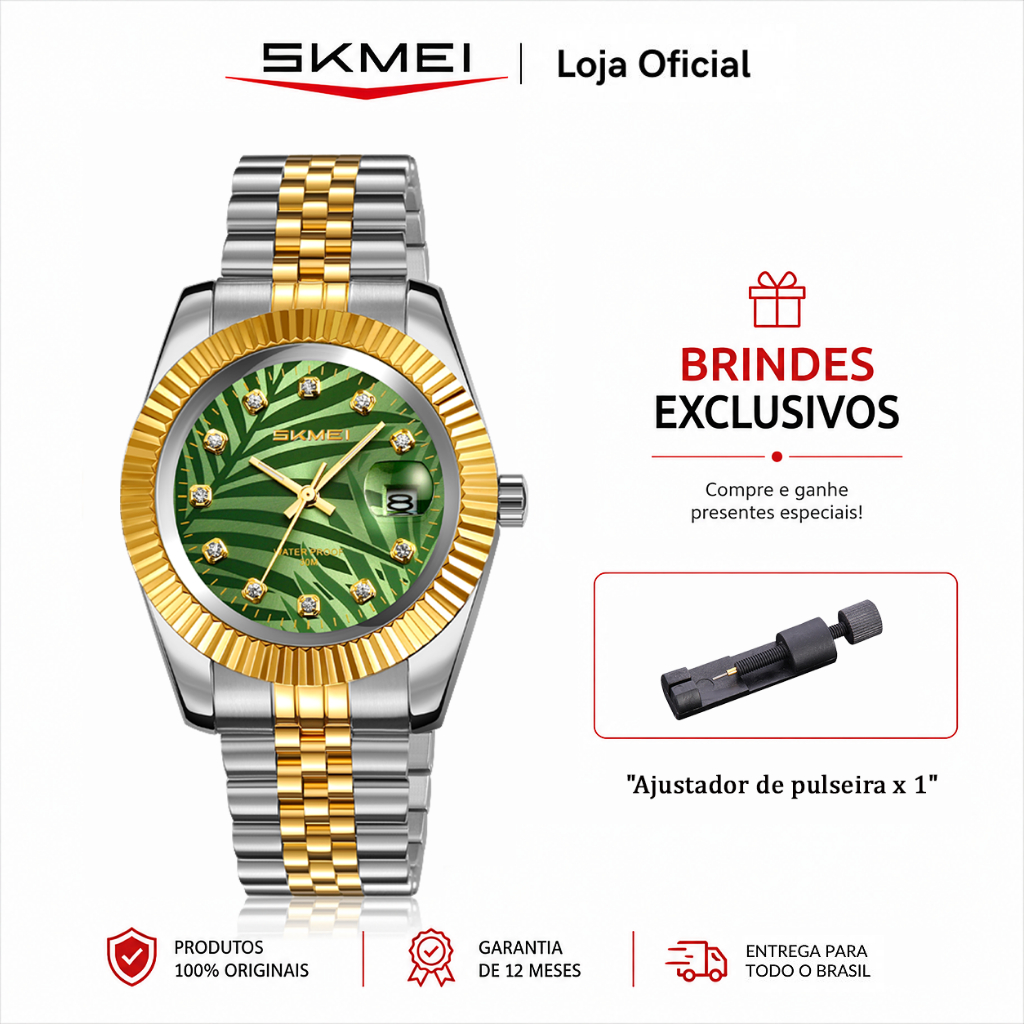 SKMEI 9418 Relógio Masculino Analógico de Quartzo Pulseira de Aço Inoxidável com Data à Prova de Respingos