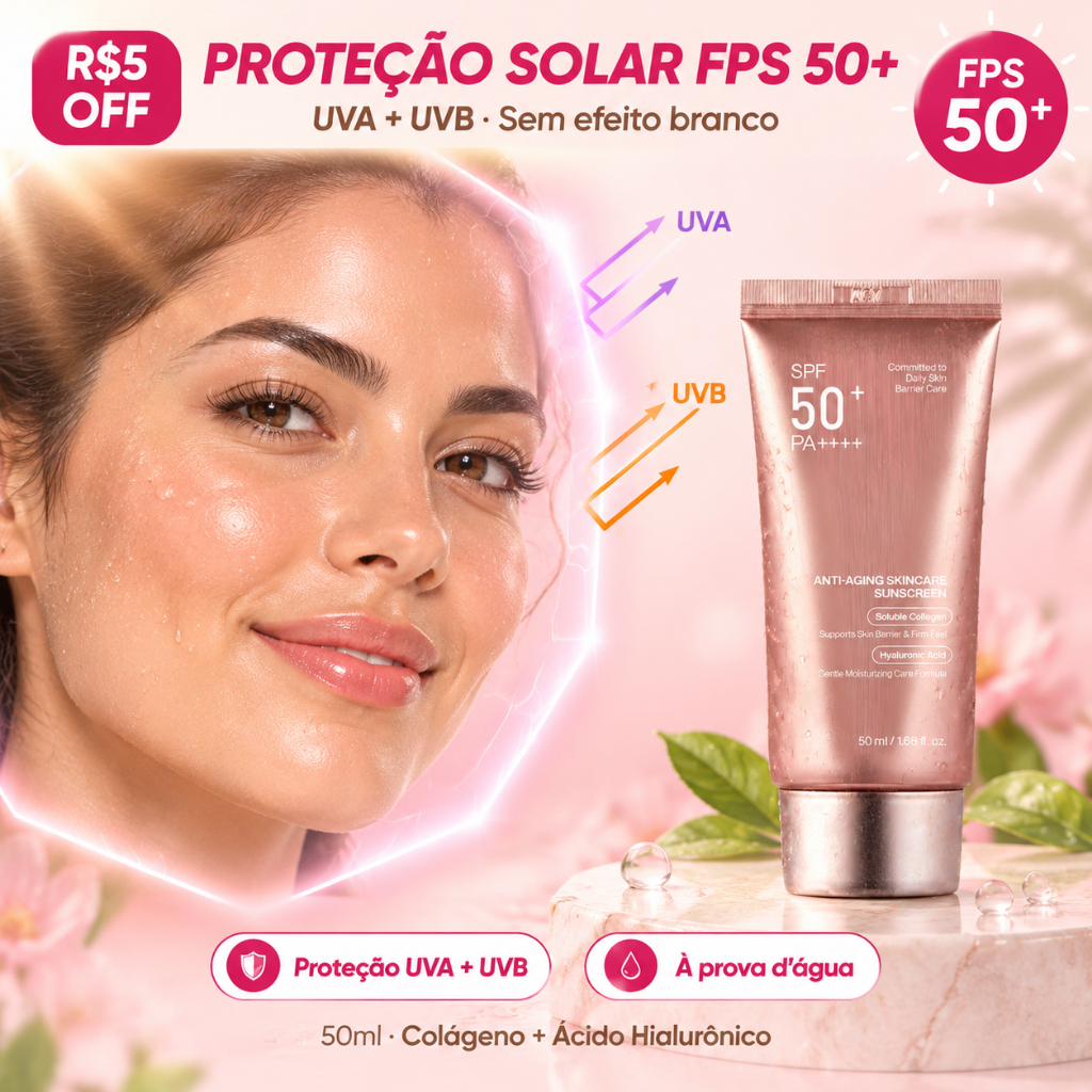 Protetor solar facial FPS 50 com Colágeno Proteção UV À prova d'água resistente ao suor 50ml Sem Efeito Branco