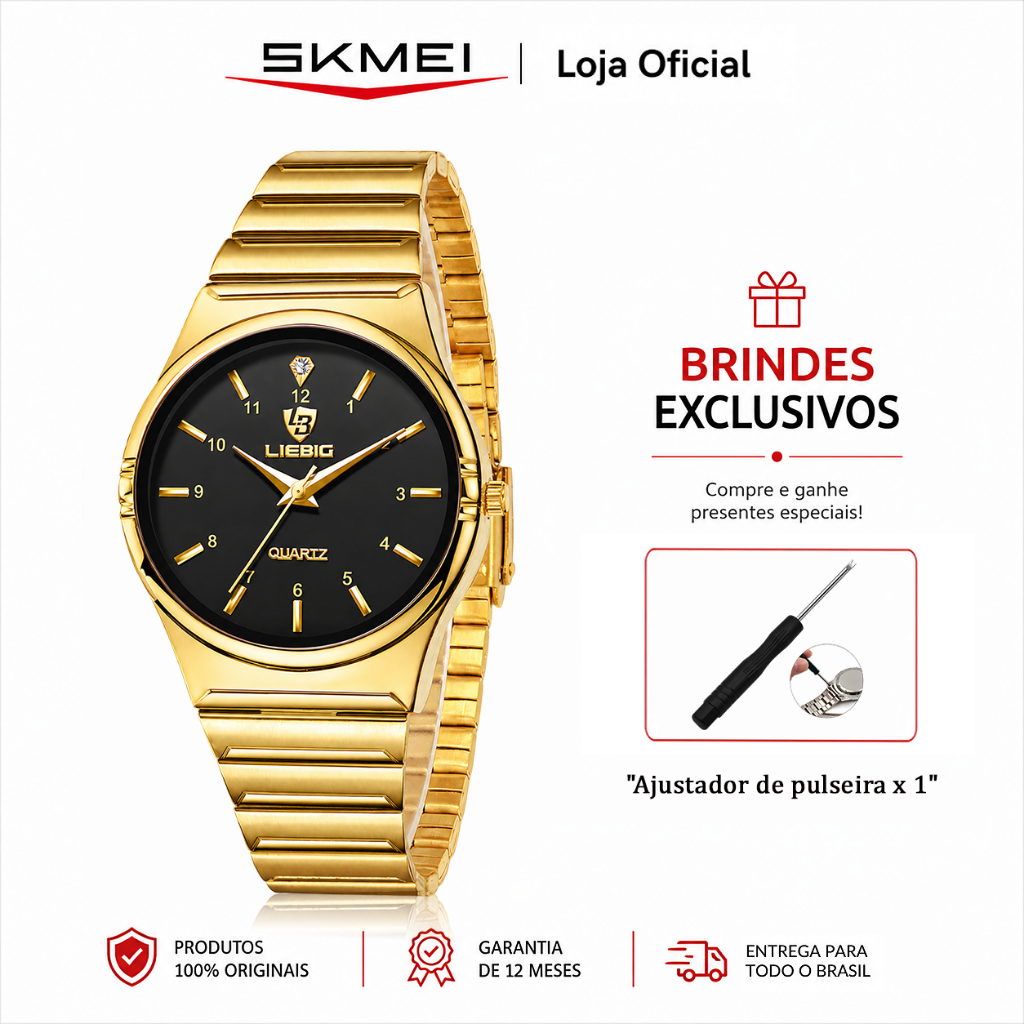 SKMEI X LIEBIG L1024 Relógio Masculino Analógico de Quartzo com Pulseira de Aço Inoxidável Estilo Clássico