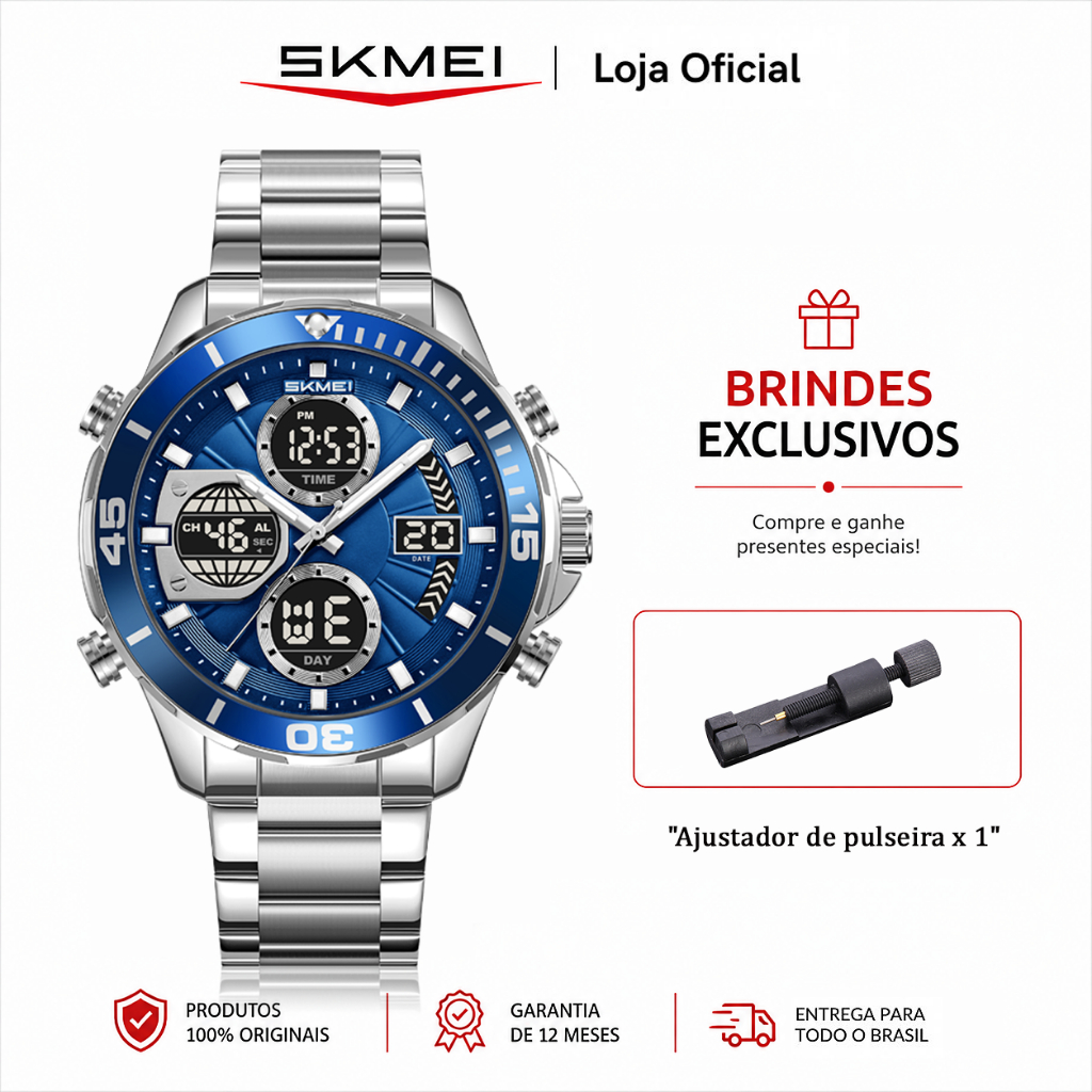 SKMEI 2621 Relógio Masculino Analógico Digital Esportivo Grande com Cronômetro Alarme e Dois Fusos Horários