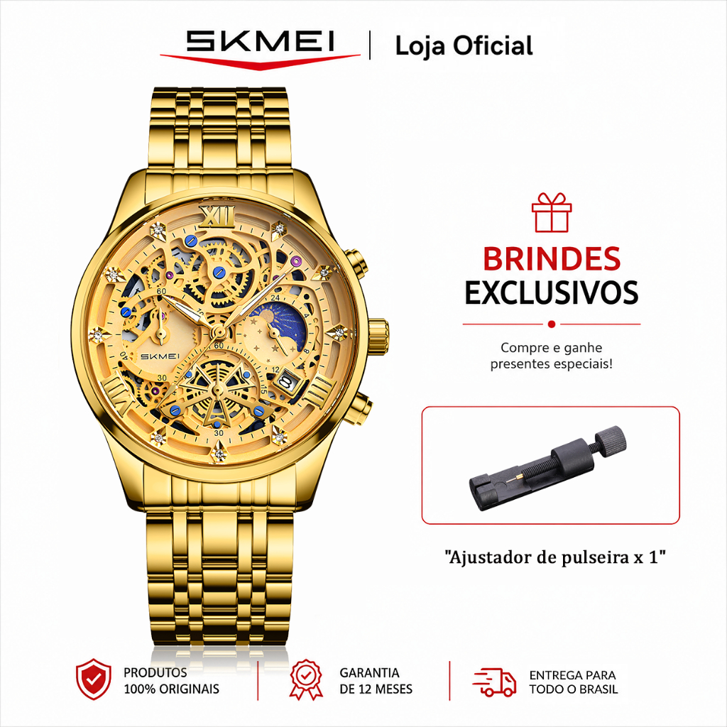 SKMEI 7039 Relógio Masculino Analógico Quartzo Mostrador Esqueleto Calendário 3ATM Pulseira Aço ou Couro