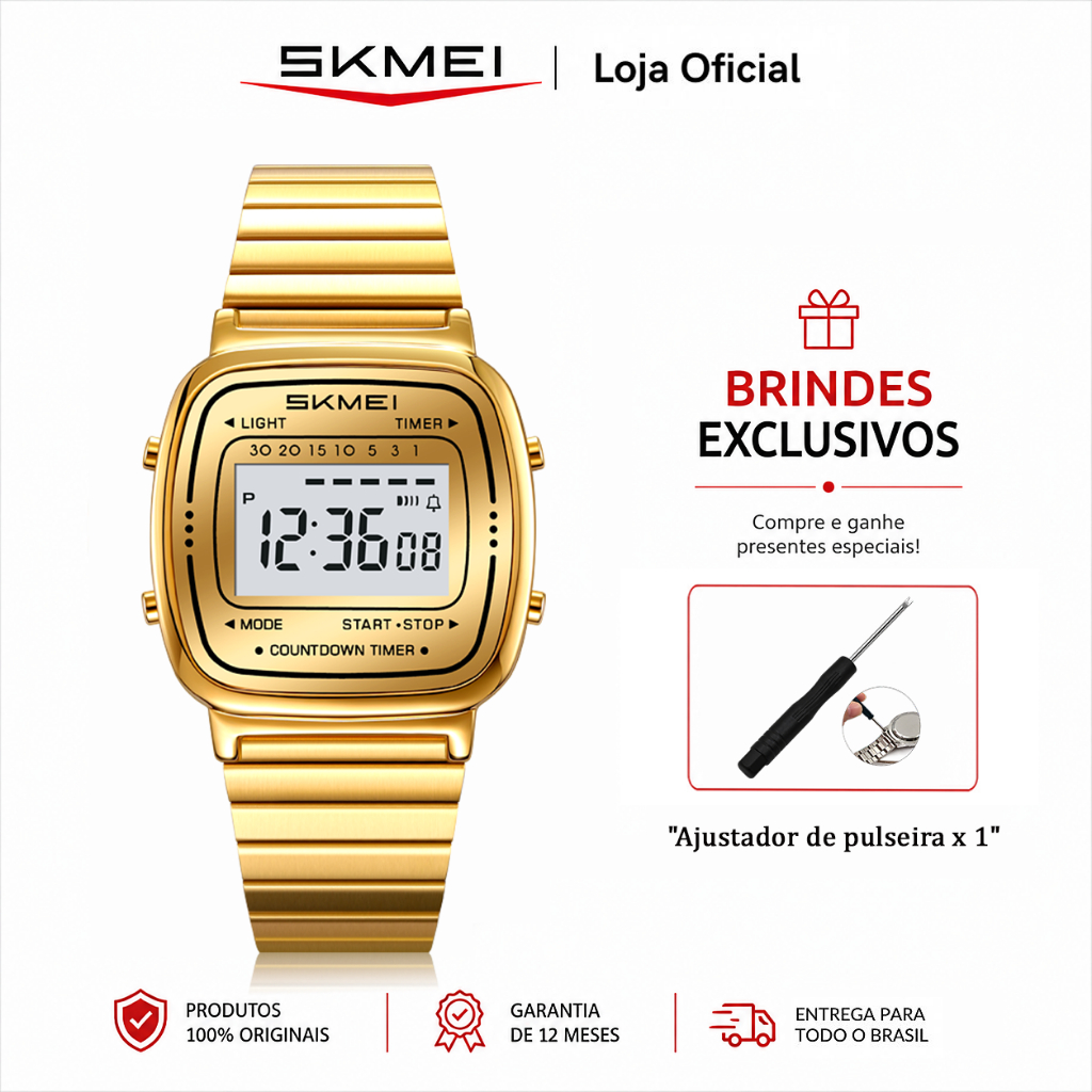 SKMEI 2623 Relógio Masculino Digital Esportivo com Pulseira de Aço Cronômetro Alarme e Luz de Fundo