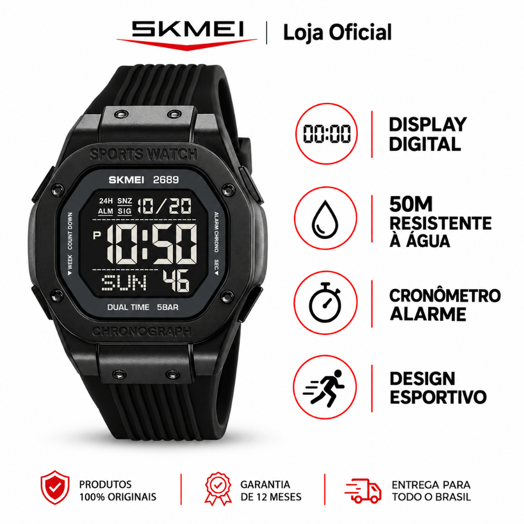 SKMEI 2689 Relógio Digital Unissex Esportivo Quadrado Retrô Cronômetro Alarme Dupla Hora Luz EL 5ATM