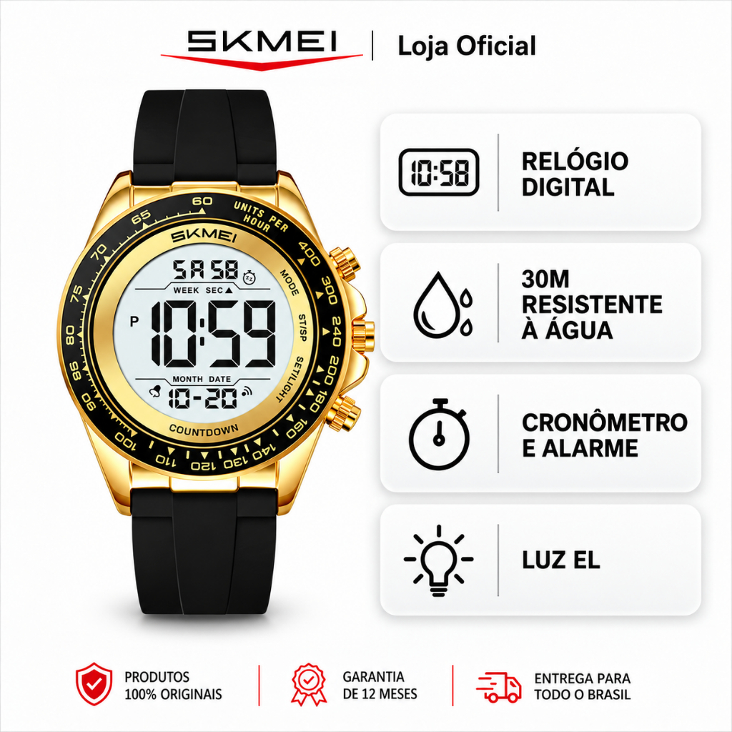 SKMEI 2592 Relógio Masculino Digital Esportivo com Cronômetro Alarme e Luz de Fundo Resistente