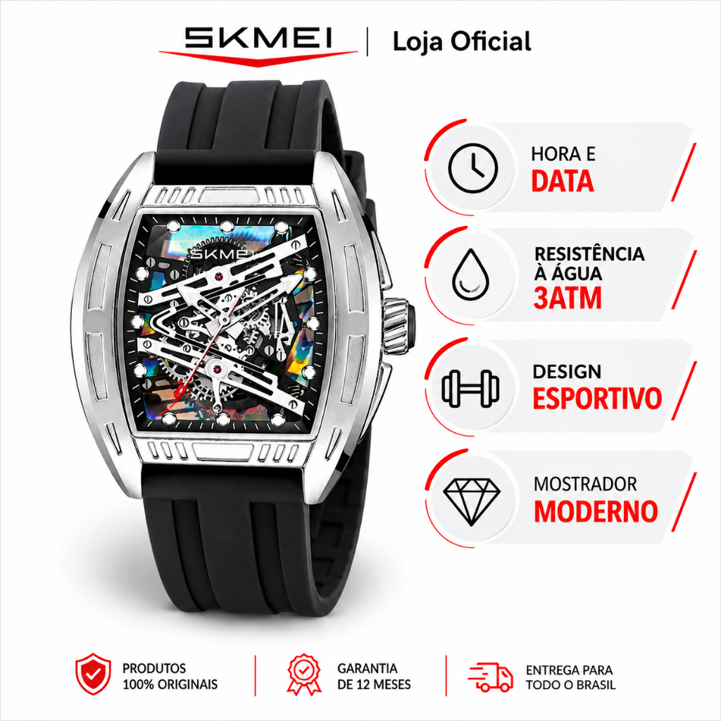 SKMEI 7068 Relógio Masculino Analógico de Quartzo Esportivo Mostrador Esqueleto Formato Tonneau Pulseira de Silicone