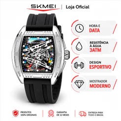 SKMEI 7068 Relógio Masculino Analógico de Quartzo Esportivo Mostrador Esqueleto Formato Tonneau Pulseira de Silicone