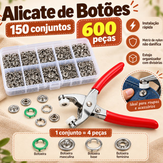 kit de Alicate Aplicador Para Botao De Metal De Pressao Roupa Bebe C/ 150 botões de roupas