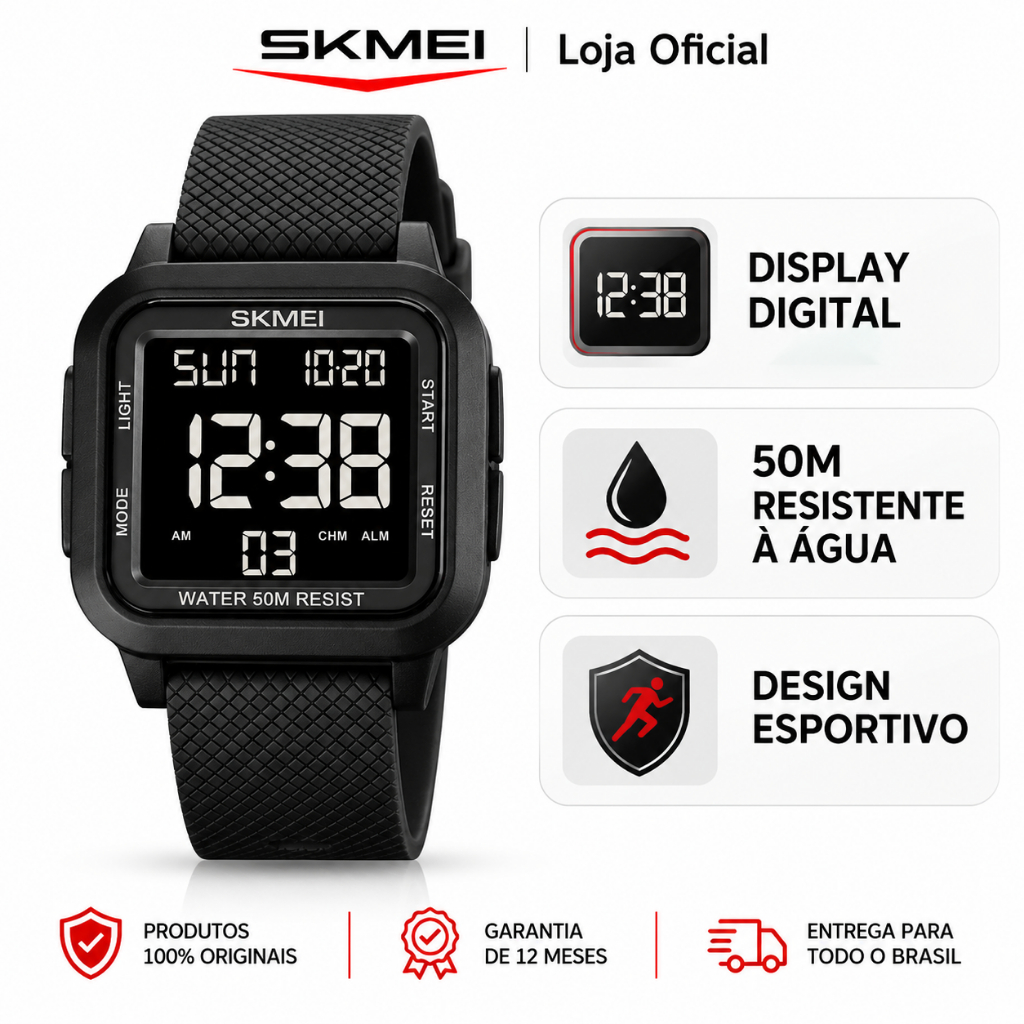 SKMEI 1894 Relógio Masculino Digital Esportivo 50M Resistente à Água Cronômetro Alarme Contagem Regressiva