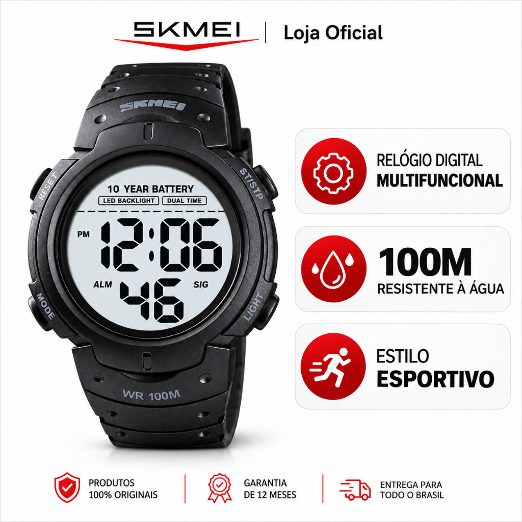SKMEI Relógio Masculino Digital Esportivo 100M À Prova D'Água LED Cronômetro 10 Anos de Bateria