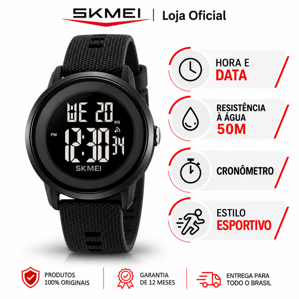✨✨✨SKMEI Relógio Masculino Digital Esportivo Redondo Luz EL Cronômetro Alarme Calendário 5ATM Multifunção