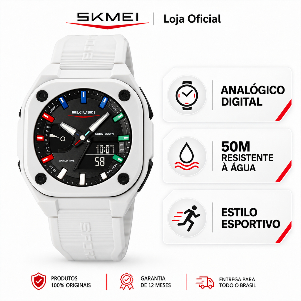 ✨✨✨SKMEI 2328 Relógio Masculino Analógico Digital Esportivo Luz EL Cronômetro 5 Alarmes 5ATM Multifunção