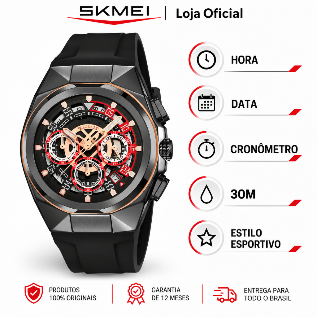 SKMEI 9377 Relógio Masculino Analógico de Quartzo Cronógrafo Mostrador Esqueleto Pulseira de Silicone