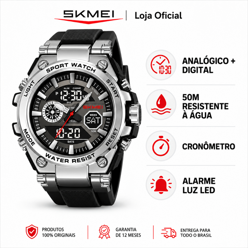 SKMEI 2417 Relógio Masculino Esportivo Digital Militar 50M À Prova d’Água Cronômetro LED Data 12/24h