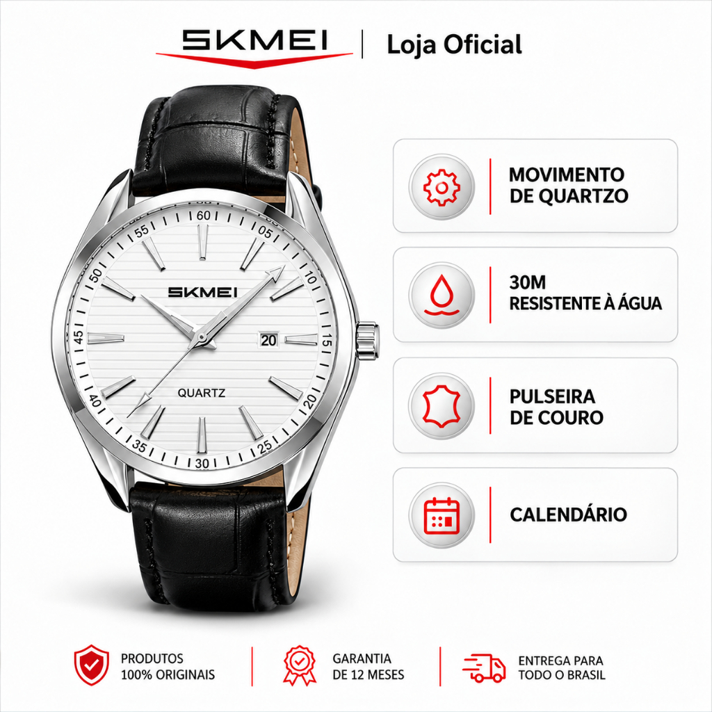 SKMEI 2490 Relógio Masculino Analógico de Quartzo Pulseira de Couro Calendário Clássico Elegante para Uso Diário