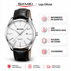 SKMEI 2490 Relógio Masculino Analógico de Quartzo Pulseira de Couro Calendário Clássico Elegante para Uso Diário
