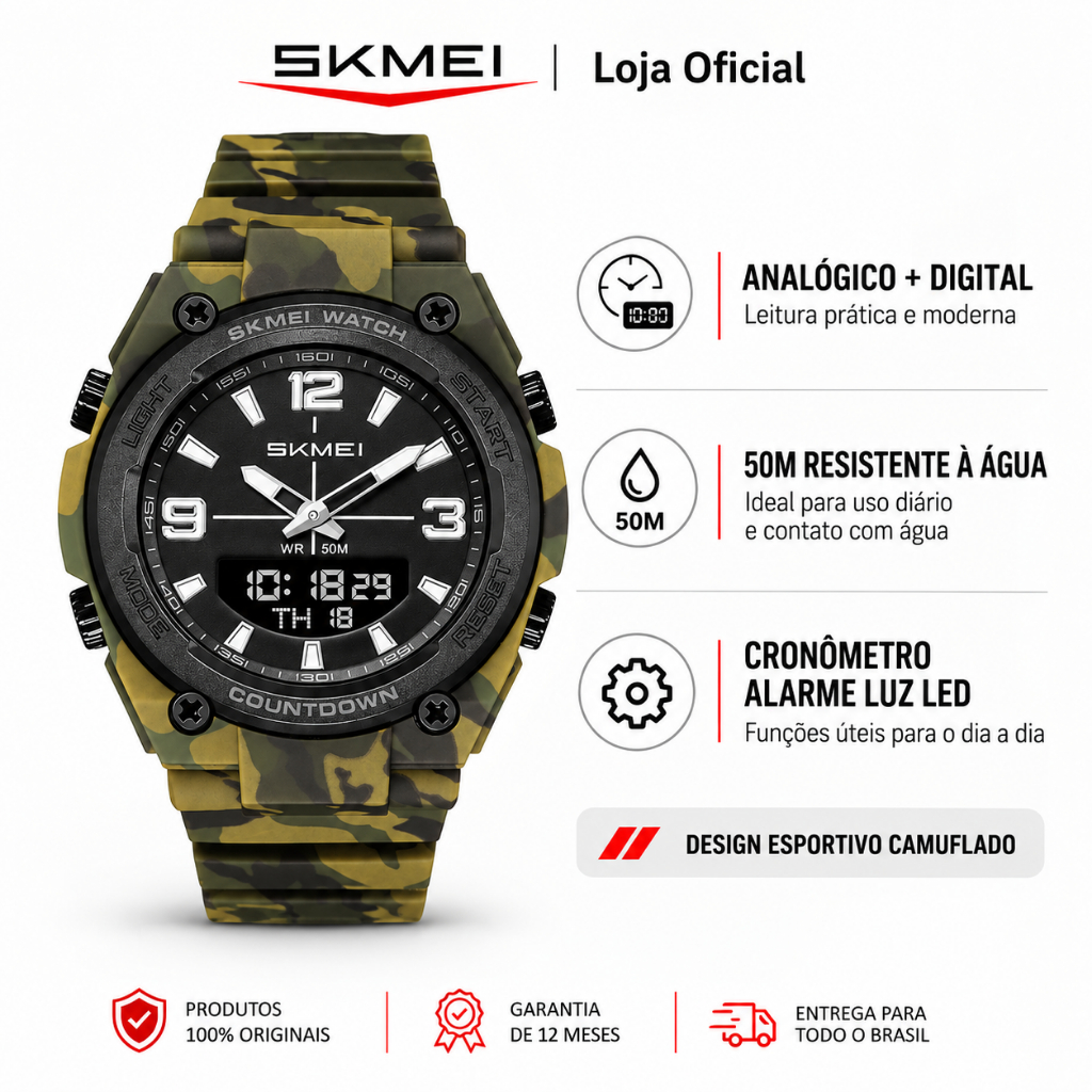 SKMEI 2796 Relógio Analógico Digital Unissex Esportivo Cronômetro Contagem Regressiva Luz LED 5ATM