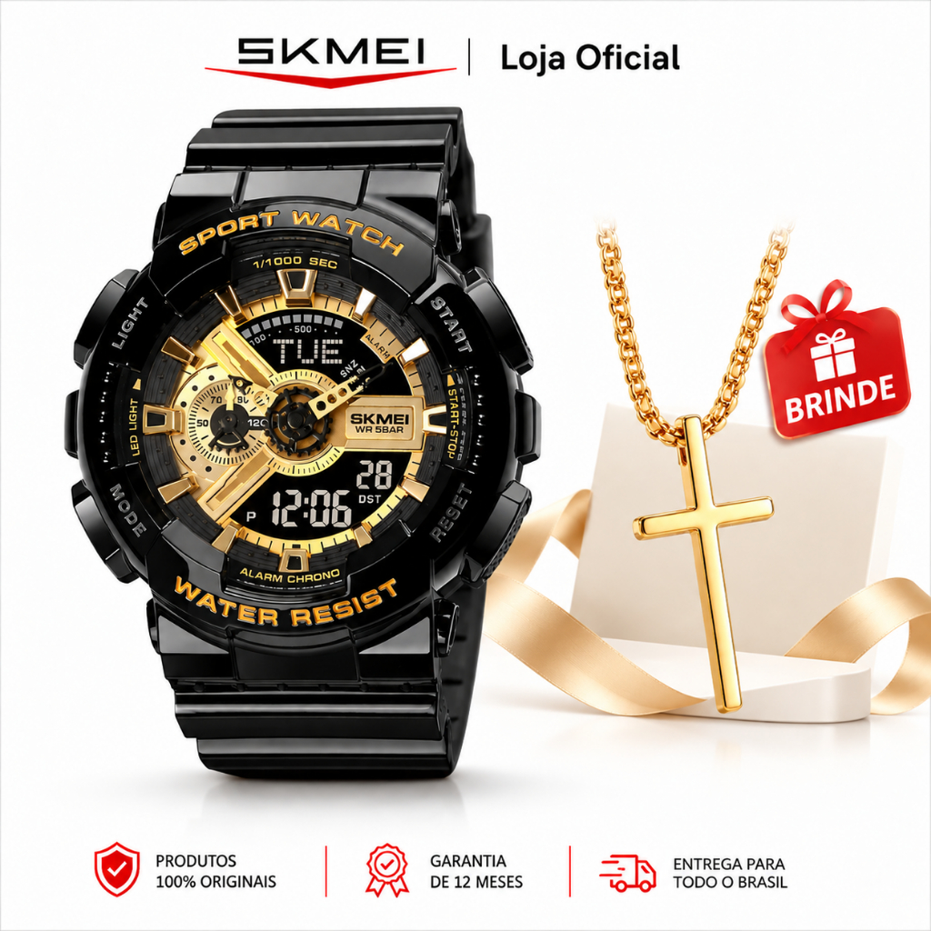 SKMEI Relógio Masculino Analógico Digital Esportivo Grande Dupla Tela Luz LED Cronômetro 5ATM Multifunção