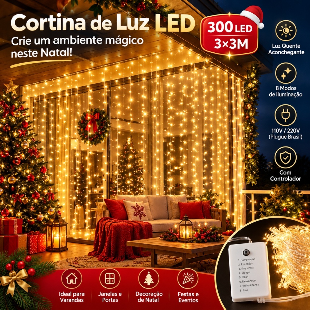 Luz LED em cascata, 3 m x 3 m, 300 LEDs, 8 modos de piscar. Pátio, jardim, festas de Natal