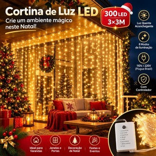 Luz LED em cascata, 3 m x 3 m, 300 LEDs, 8 modos de piscar. Pátio, jardim, festas de Natal