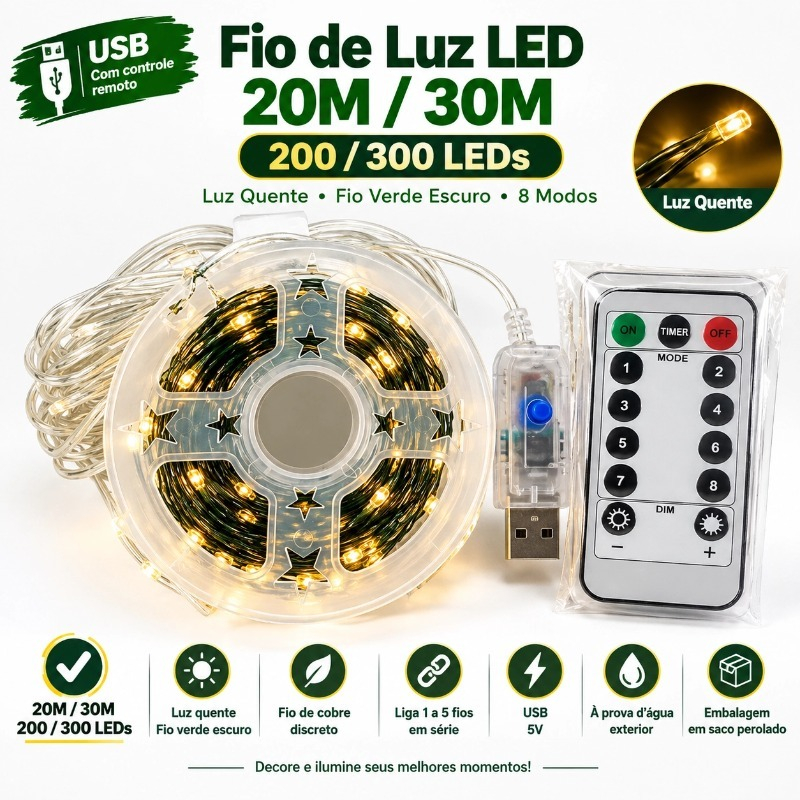 20 Metros 200 Luzes De Fadas LED USB Com Controle Remoto De 13 Botões 8 Modos De Flash À Prova D'água Fio De Cobre Prate