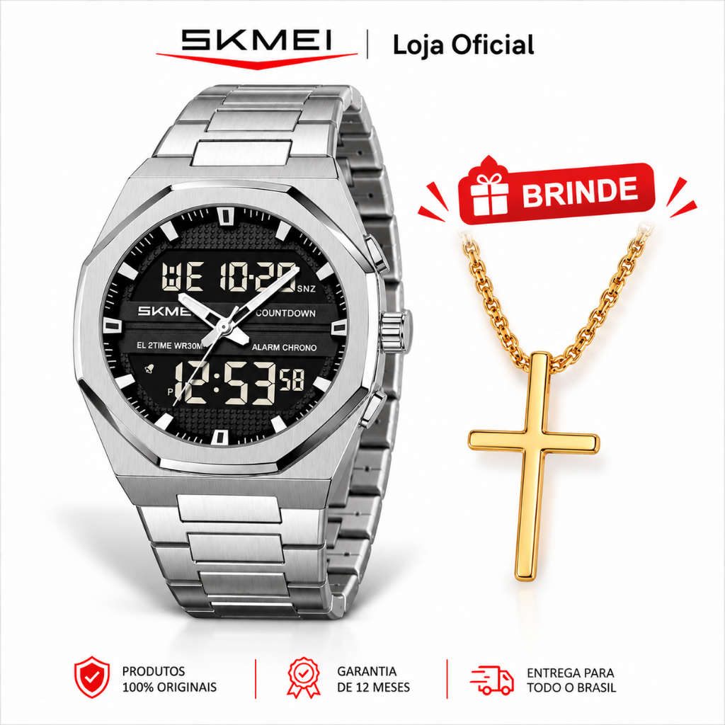 SKMEI 2624 Relógio Masculino Digital Esportivo Multifuncional Cronômetro Luz LED 3ATM Resistente à Água