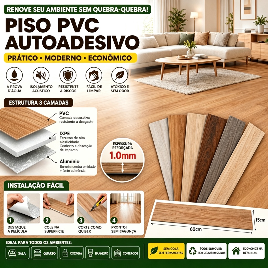 Piso PVC Autoadesivo  com Espuma IXPE e Alumínio Impermeável Silencioso Renovação para Sala Cozinha Aluguel
