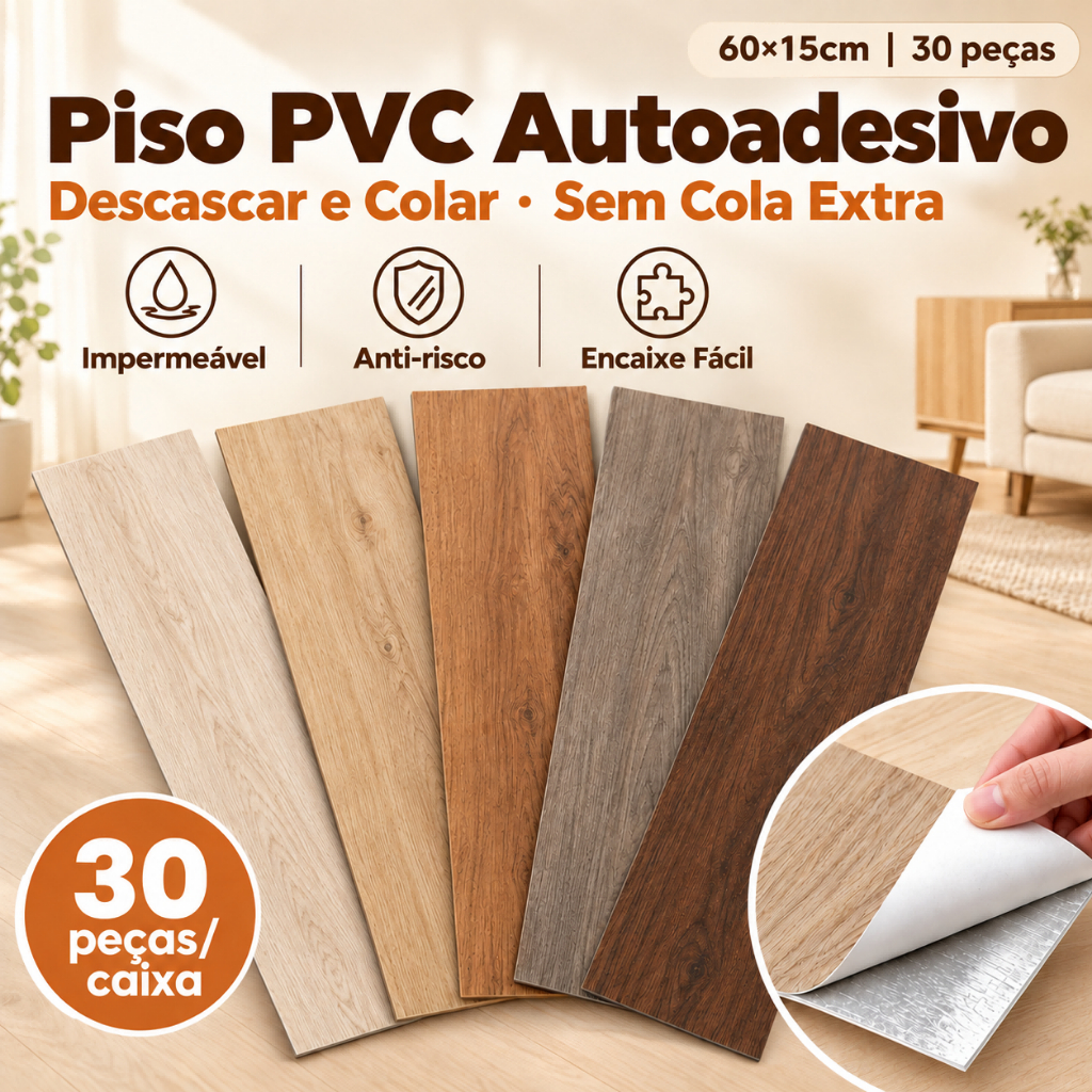 Piso PVC Autoadesivo Efeito Madeira Natural 60x15cm 30 Peças Régua Laminado Sem Cola Extra