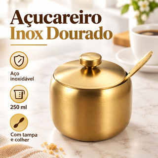 Açucareiro de aço inoxidável dourado com colher e tampa, grande capacidade para armazenar temperos