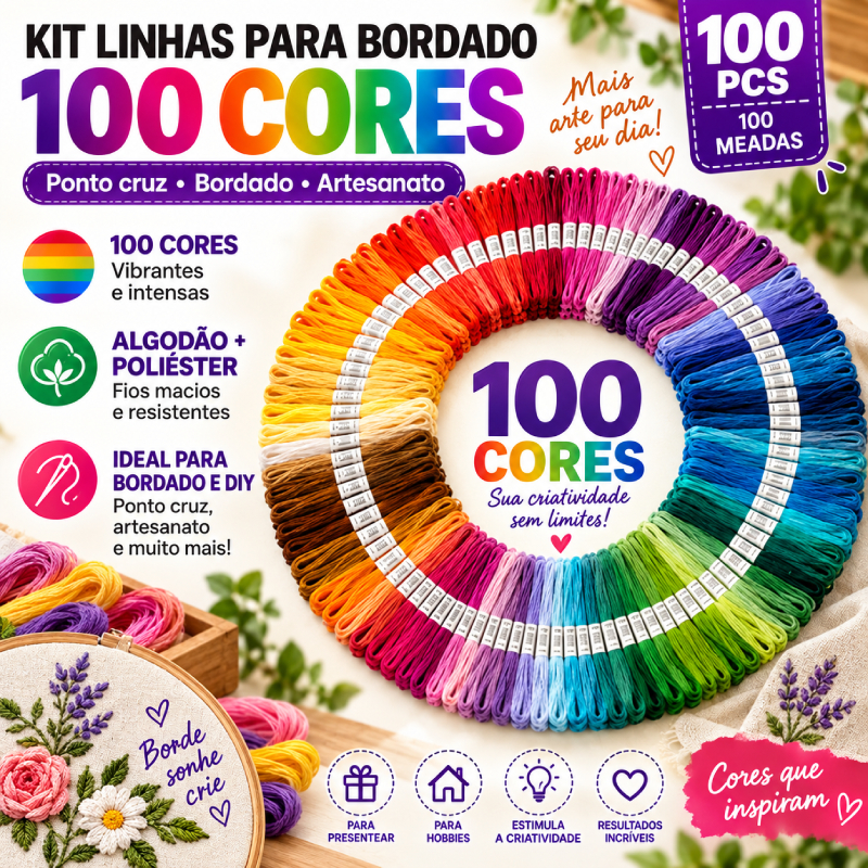 Kit 100 Meadas de Linhas de Bordado Ponto Cruz Artesanato Fio Poliéster algodão
