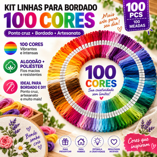 Kit 100 Meadas de Linhas de Bordado Ponto Cruz Artesanato Fio Poliéster algodão