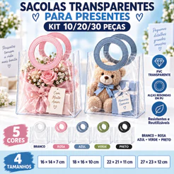 Sacola Transparente PVC com Alça Redonda de Couro Sintético Kit 10/20/30 Unidades para Presente