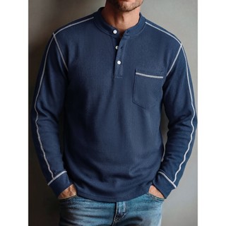 Camisetas Masculinas De Malha Waffle Henley De Manga Comprida Com Ajuste Confortável E Bolso