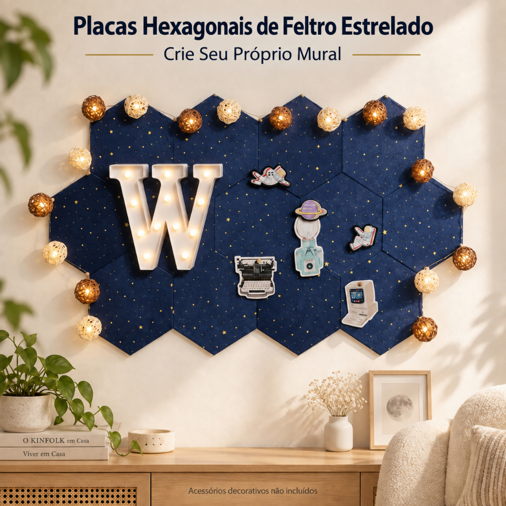 12 Unidades Painel Acústico Hexagonal de Feltro Céu Estrelado, Autoadesivo, Placa de Pino para Decoração de Parede
