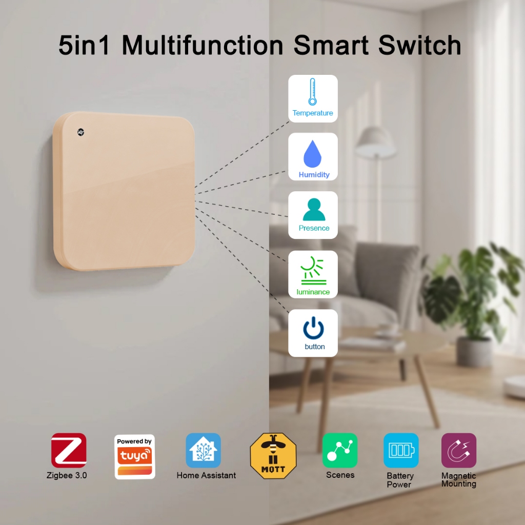 Lincukoo 5 Em 1 Botão De Interruptor Inteligente + Presença De 24 Ghz + Luminância + Sensor De Temperatura + Umidade Por