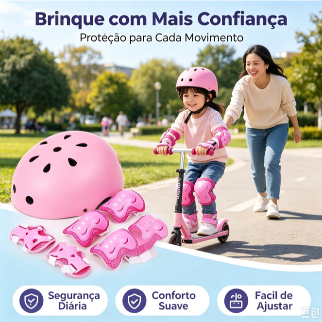 Kit Proteção Infantil Completo Capacete + Joelheiras Cotoveleiras Luvas, Ventilado para Patinete Skate Bicicleta