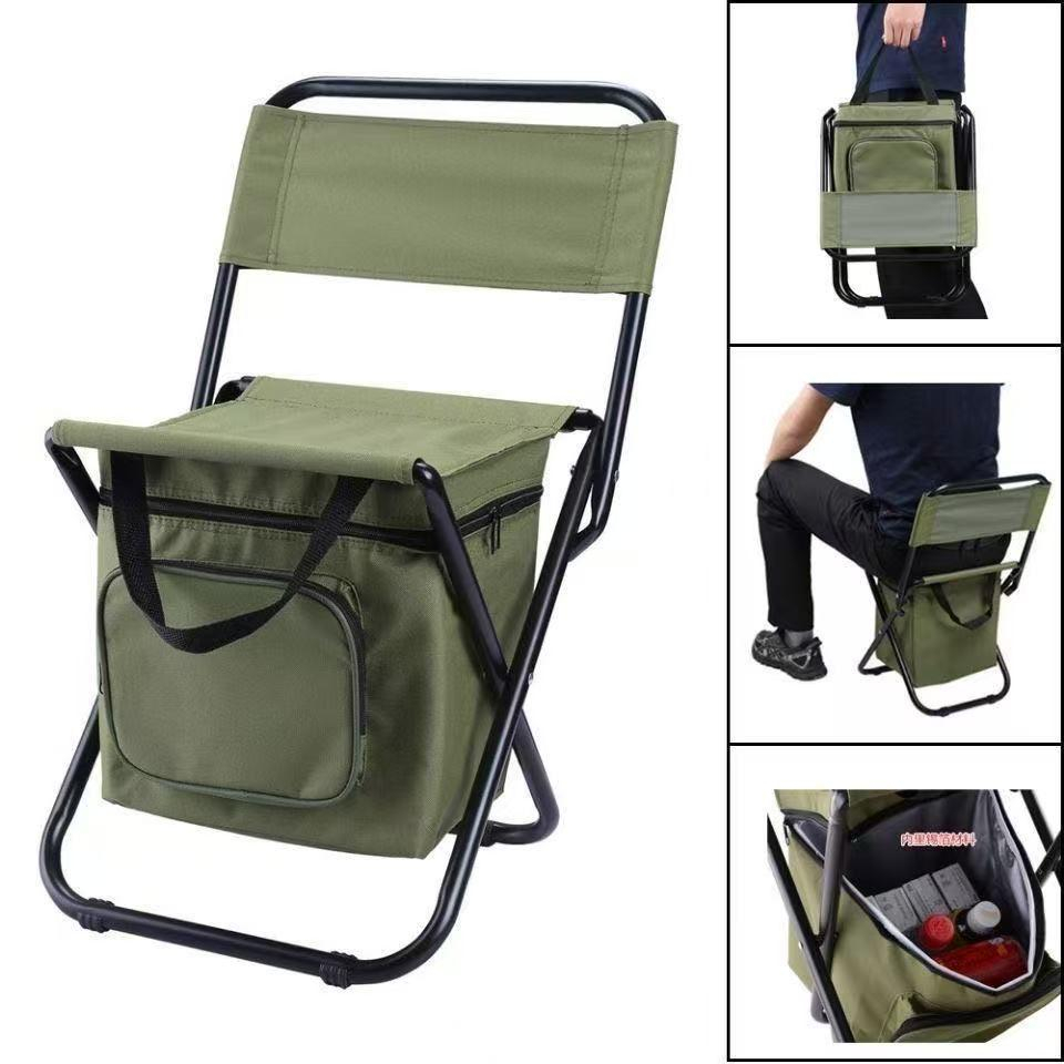 Cadeira dobrável com estrutura metálica portátil, ideal para pesca, acampamento e caminhadas, com bolsa de transporte