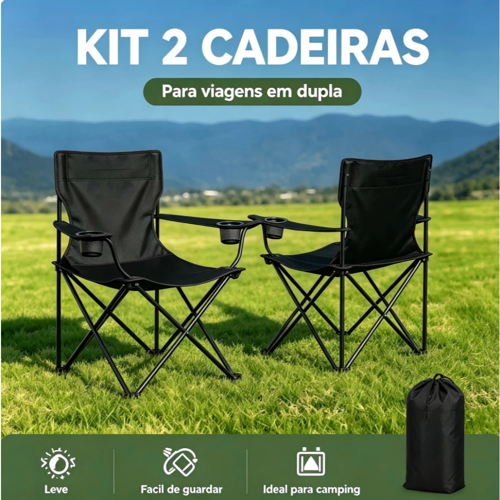 Cadeira Dobrável Camping Portátil com Porta‑Copos e Bolso Lateral para Praia e Pescaria