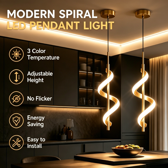 Luminária Pendente LED Espiral 3 Temperaturas de Cor Altura Ajustável Bivolt Ideal para Sala de Jantar e Cozinha