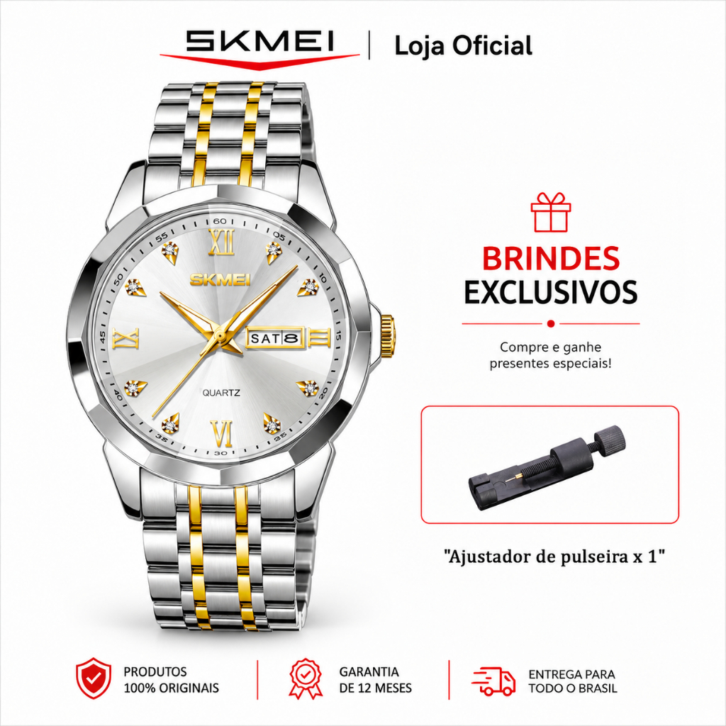 SKMEI 7070 Relógio Masculino Analógico de Quartzo Aço Inoxidável Dourado e Prata Mostrador Azul Calendário