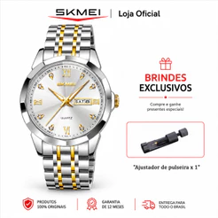 SKMEI 7070 Relógio Masculino Analógico de Quartzo Aço Inoxidável Dourado e Prata Mostrador Azul Calendário
