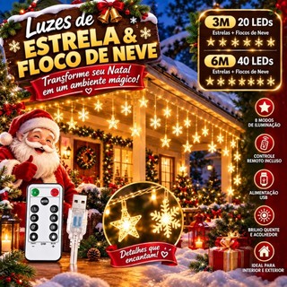 Luzes LED em forma de neve e estrelas de Natal, 3M20LED/6M40LED. Carregamento por USB. Árvore de Natal, jardim, quintal