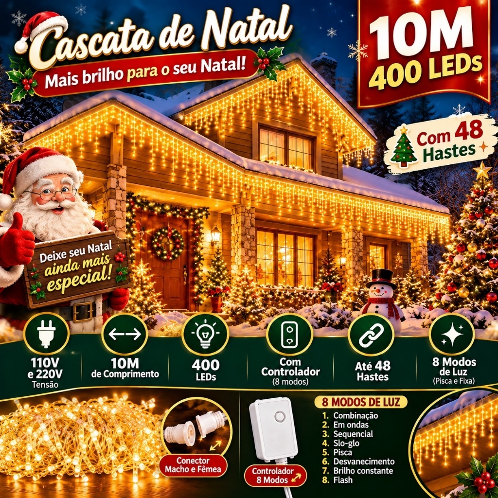 Luz de cascata LED de Natal. 10M400LED. Luz quente 110V/220V. Fachada, borda do telhado, Natal