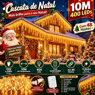 Luz de cascata LED de Natal. 10M400LED. Luz quente 110V/220V. Fachada, borda do telhado, Natal
