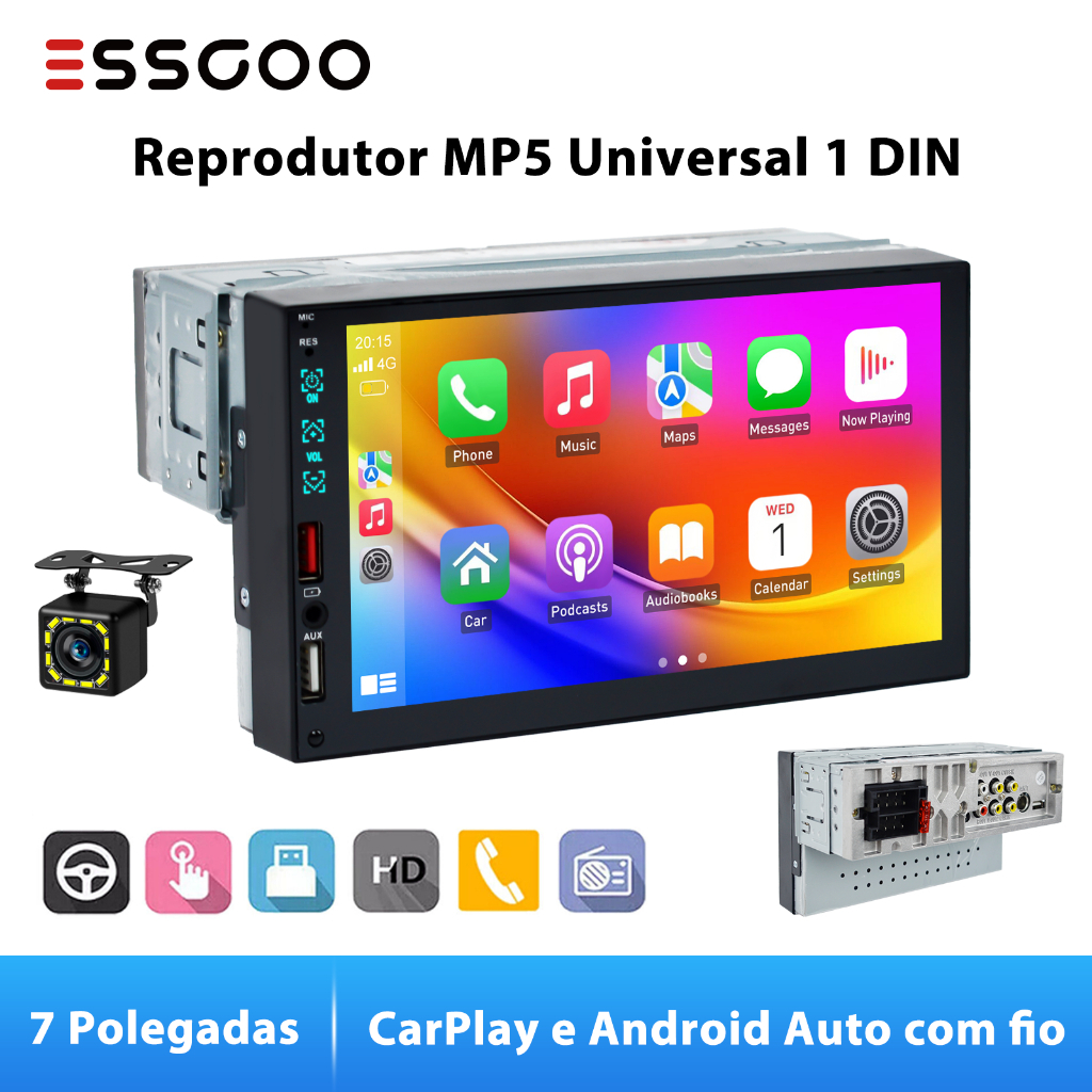 ESSGOO 1 Din 7 Polegadas MP5 CAR Player Com Fio Android Auto E CarPlay Bluetooth Rádio FM AUX USB Navegação On-Line