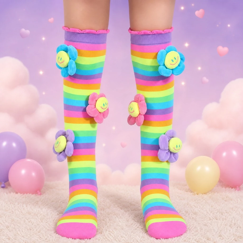 Meias 3D Floral Cano Alto Infantil  Personagem Divertidas Para Crianças Presente