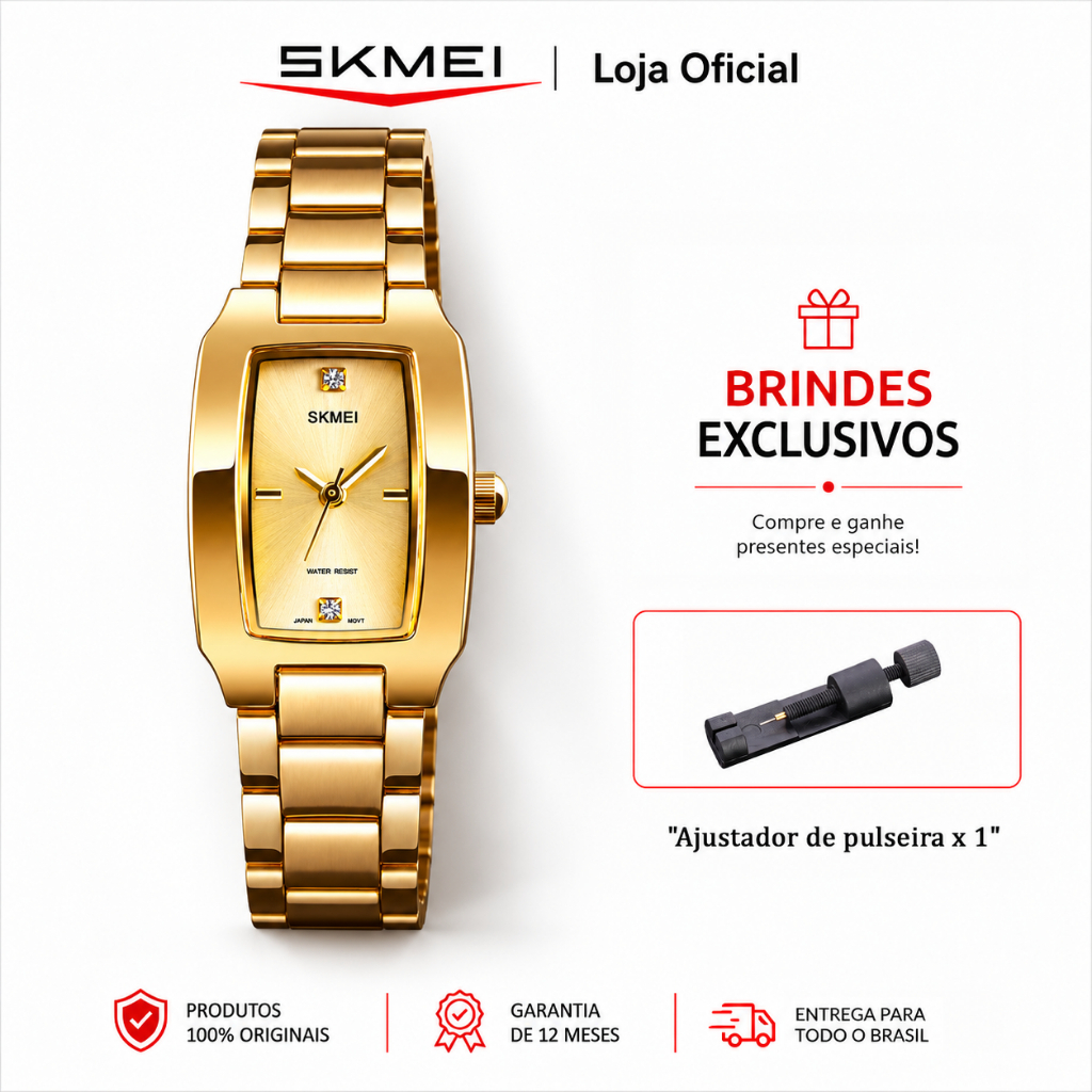 SKMEI 1400 Relógio Feminino Analógico de Quartzo Retangular com Pulseira de Aço Inoxidável 30M